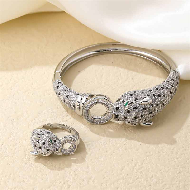 Fashion Silver Suit Gold Plated Copper And Diamond Leopard Ring Bracelet Set