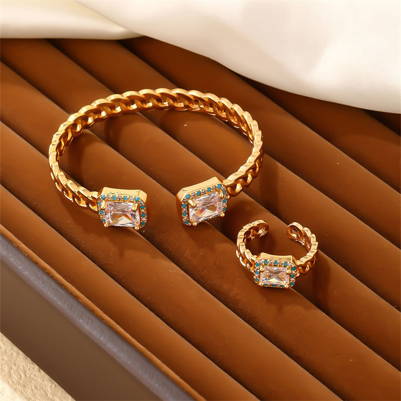 Fashion Set 086-4 Gold Plated Copper Set Square Zirconia Open Ring Bracelet Set