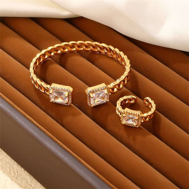 Fashion Set 086-5 Gold Plated Copper Set Square Zirconia Open Ring Bracelet Set