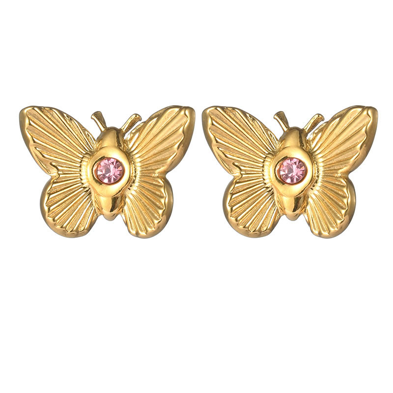 Fashion Gold Titanium Steel Diamond Butterfly Stud Earrings