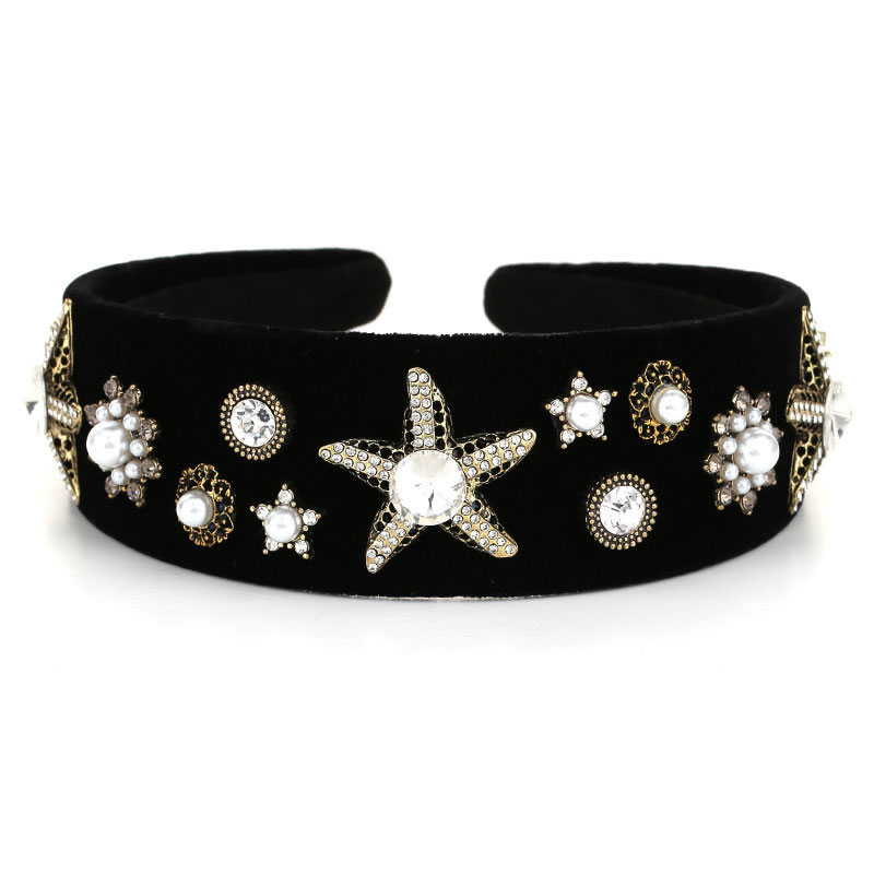 Fashion Black Velvet-embellished Pearl Starfish Wide-brimmed Headband