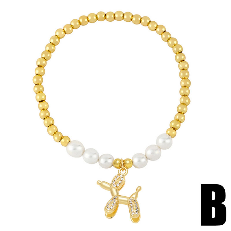 Fashion B Gold Plated Copper Pearl Beaded Diamond Balloon Dog Bracelet