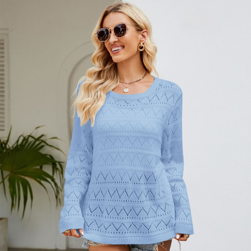 Fashion Women's Sky Blue Knitted Sweater Open-knit Crewneck Sweater