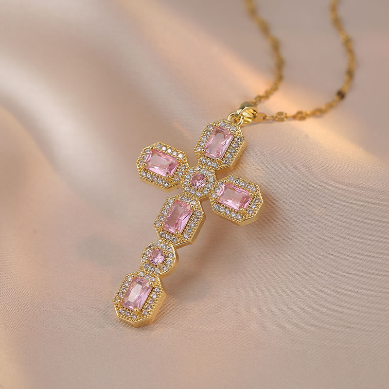 Fashion Pink Gold Titanium Steel Diamond Cross Necklace