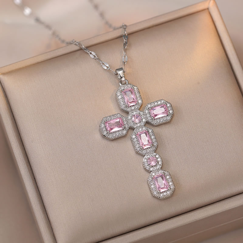 Fashion Pink Just Color Titanium Steel Diamond Cross Necklace