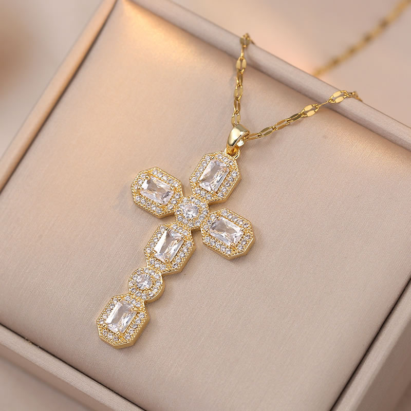 Fashion White Titanium Steel Diamond Cross Necklace