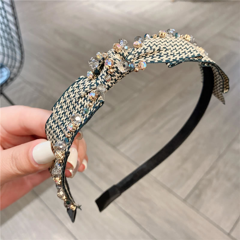 Fashion Khaki + Green Geometric Sewn Crystal Side Bow Headband