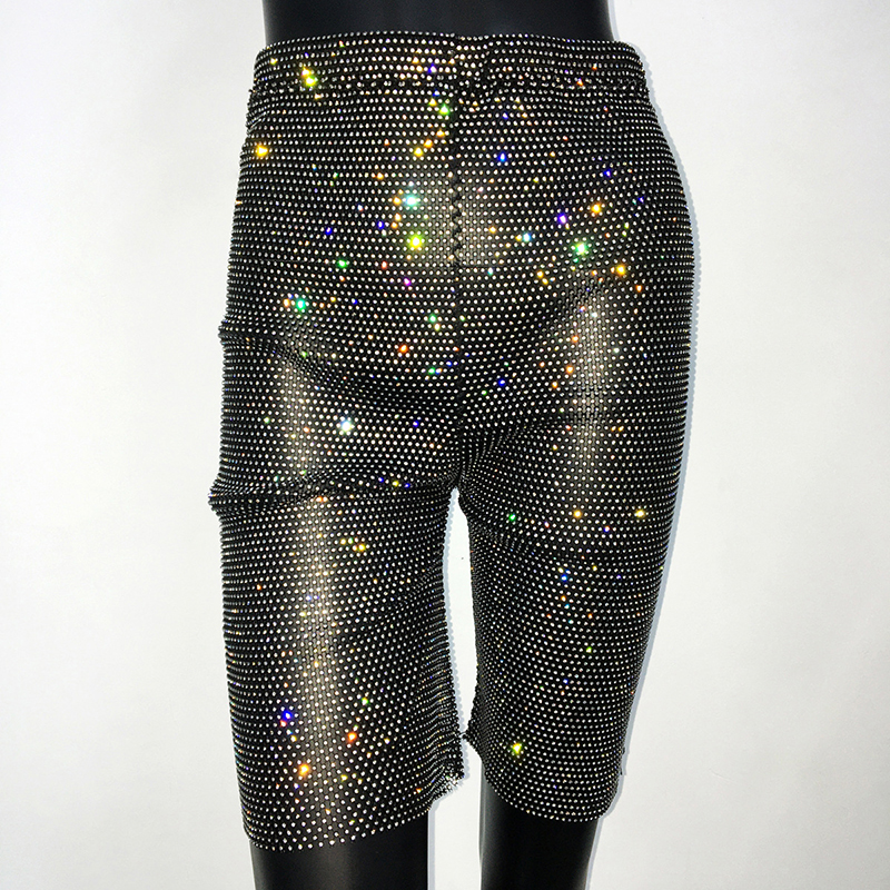 Fashion Black Polyester Fishnet Rhinestone Cropped Pants