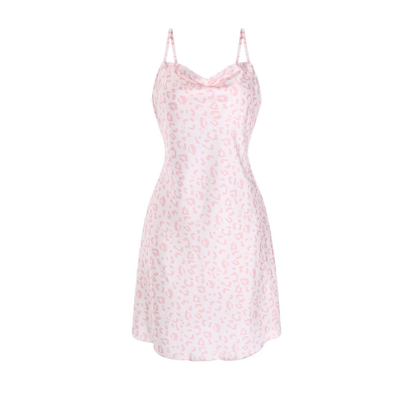 Fashion Light Pink Leopard-print Satin Swing-neck Camisole Nightdress