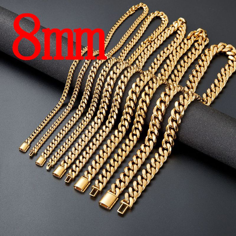 Fashion Gold 8mm Bracelet 21cm Stainless Steel Geometric Chain Men's Bracelet