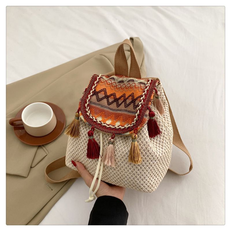 Fashion Red Straw Tassel Large Capacity Backpack