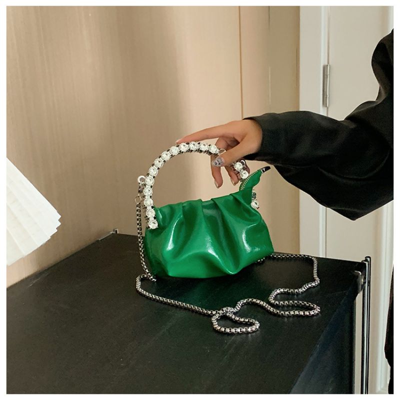 Fashion Green Rhinestone Portable Pleated Large Capacity Messenger Bag