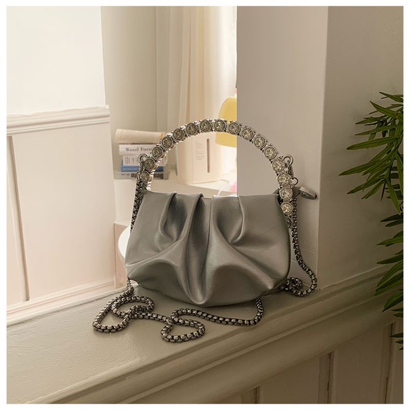 Fashion Silver Rhinestone Portable Pleated Large Capacity Messenger Bag
