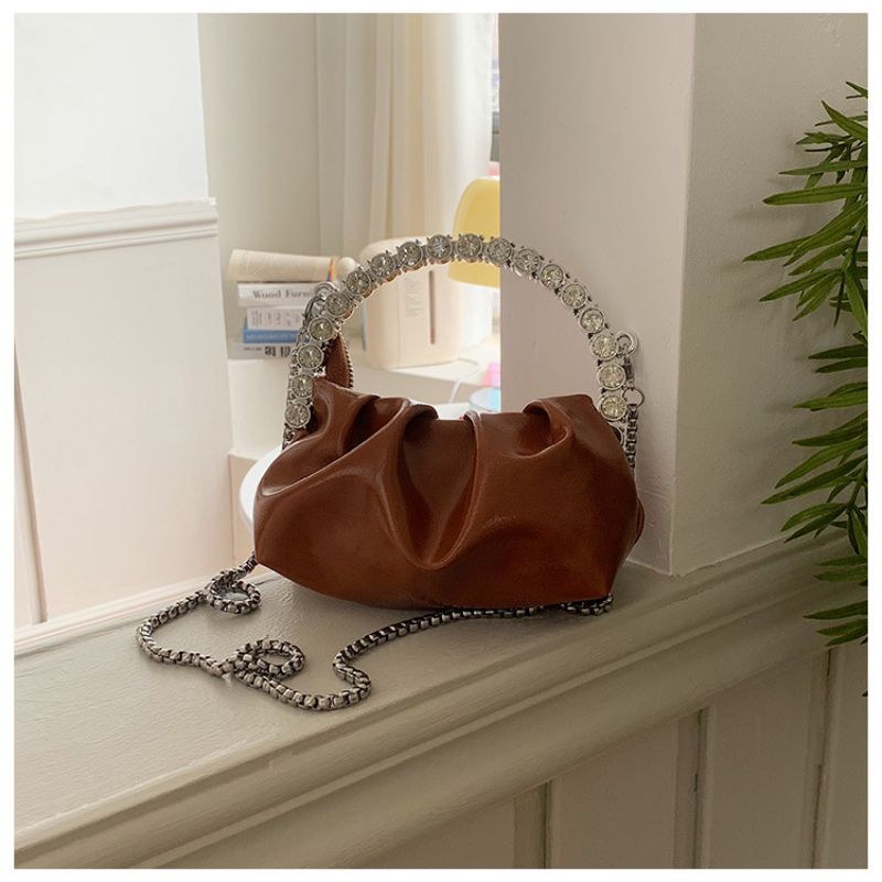 Fashion Brown Rhinestone Portable Pleated Large Capacity Messenger Bag