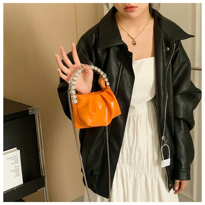 Fashion Orange Rhinestone Portable Pleated Large Capacity Messenger Bag