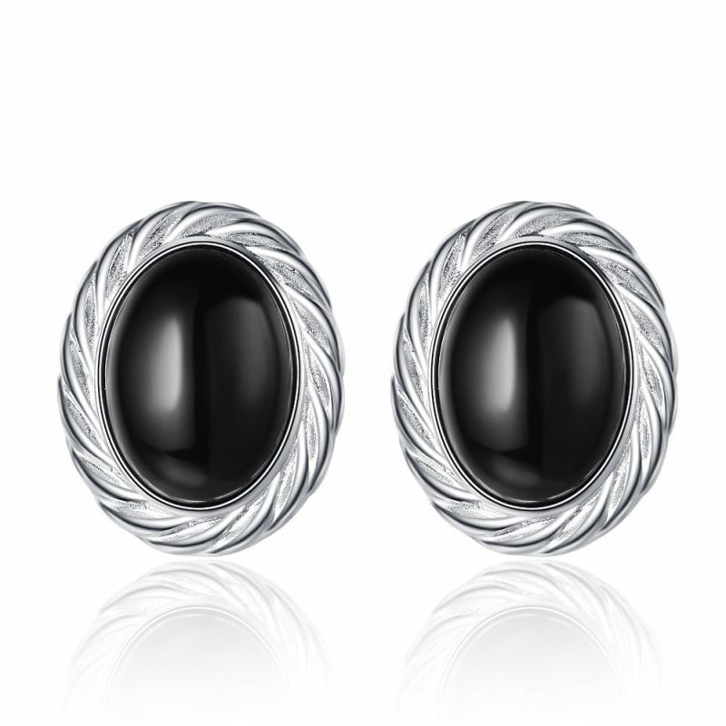Fashion Platinum Copper Oval Black Onyx Stud Earrings
