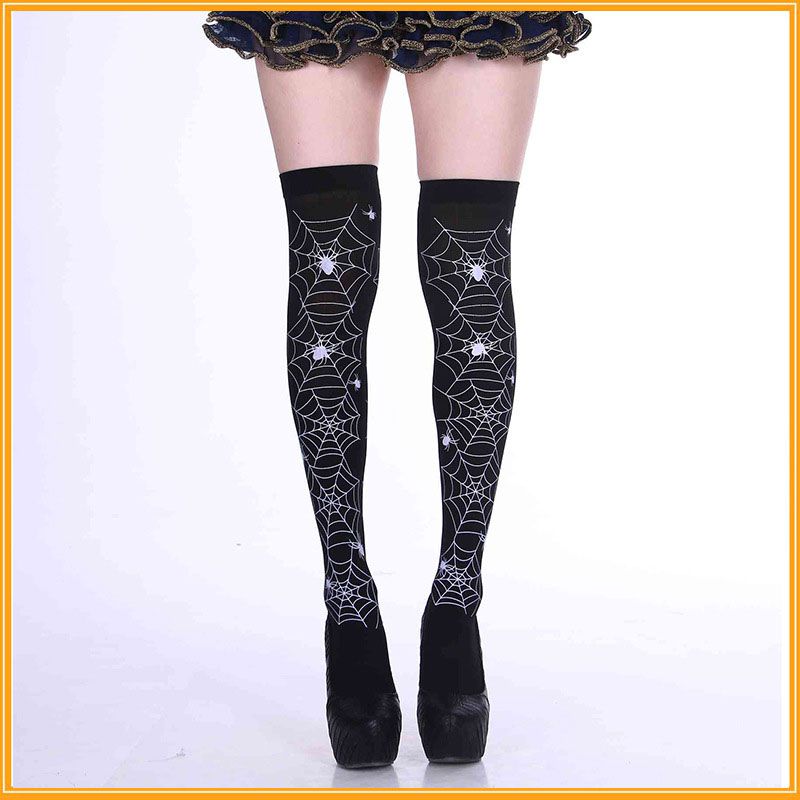 Fashion Spider Web Textile Print Over The Knee Socks