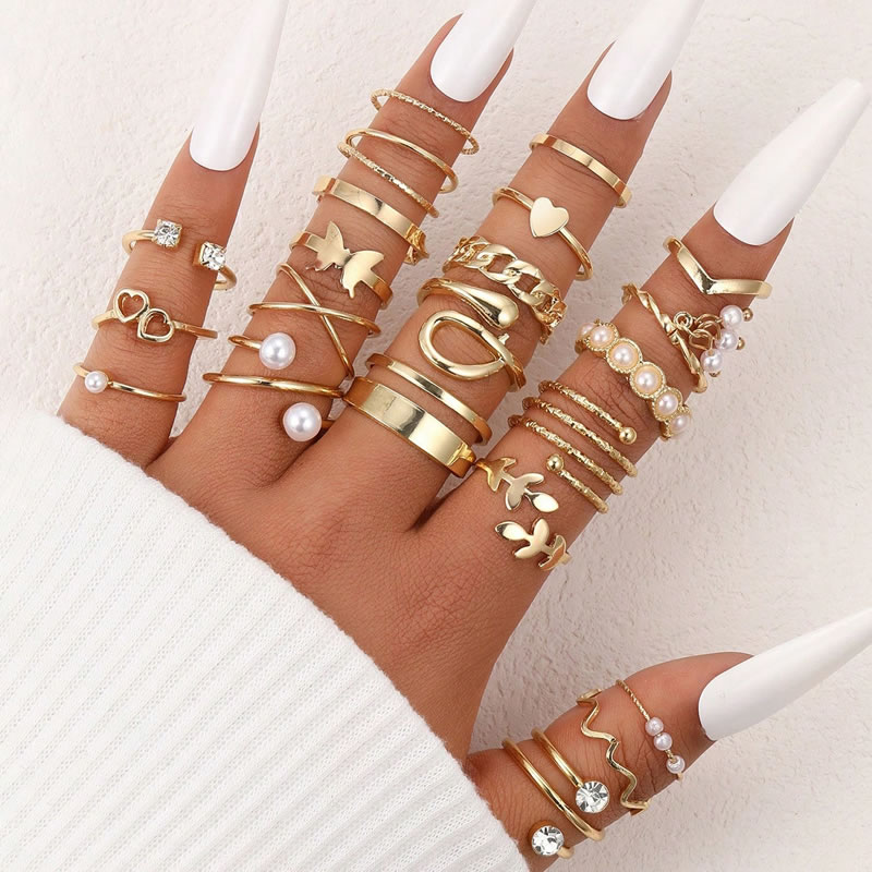 Fashion 3# Alloy Diamond Heart Butterfly Pearl Geometric Ring Set