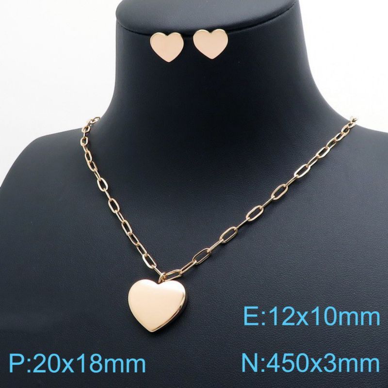 Fashion Rose Gold Titanium Steel Heart Necklace And Stud Earrings Set