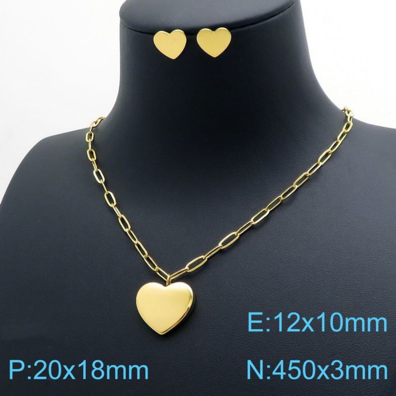 Fashion Gold Titanium Steel Heart Necklace And Stud Earrings Set