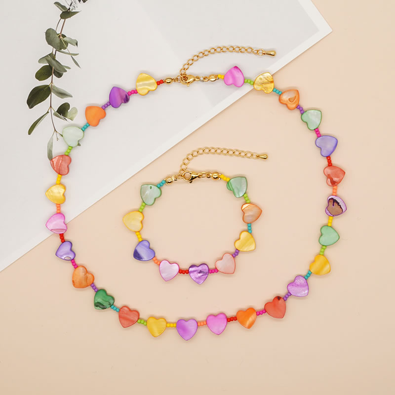 Fashion B Colorful Rice Beads Beaded Heart Bracelet Necklace Set