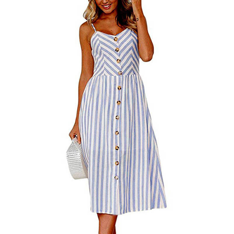 Fashion Blue Strips Polyester Breasted Slip Dress
