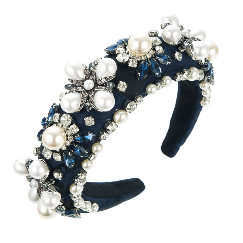 Fashion Blue Geometric Diamond-encrusted Pearl Wide-brimmed Headband