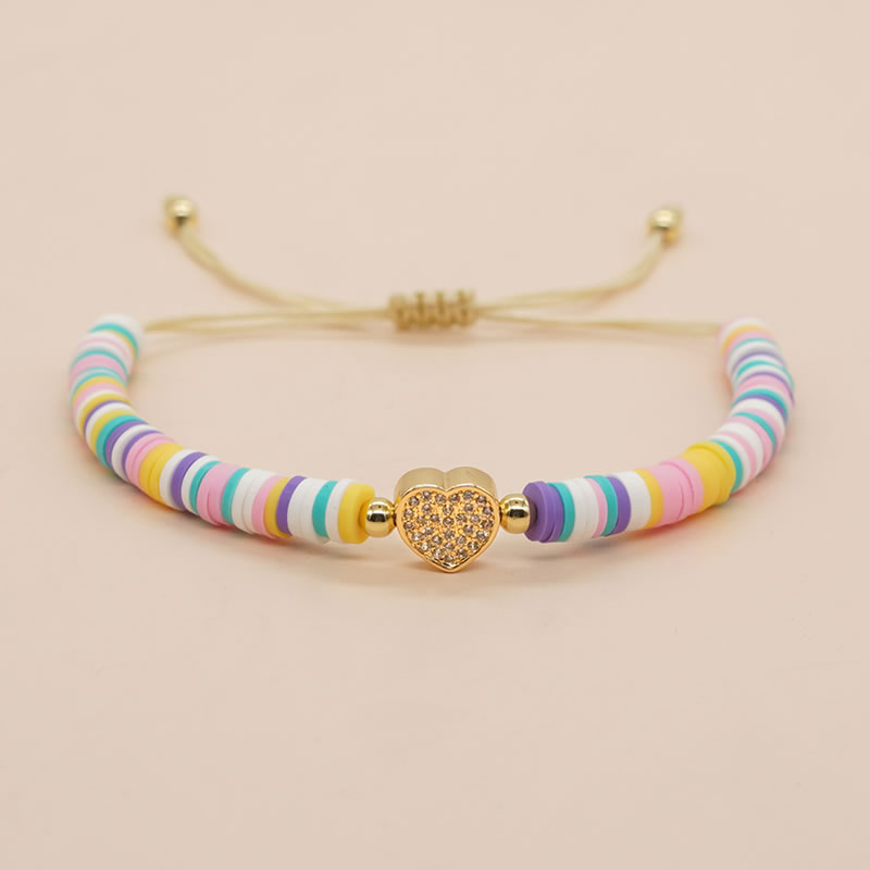 Fashion 1# Multicolored Clay Beaded And Diamond Heart Bracelet