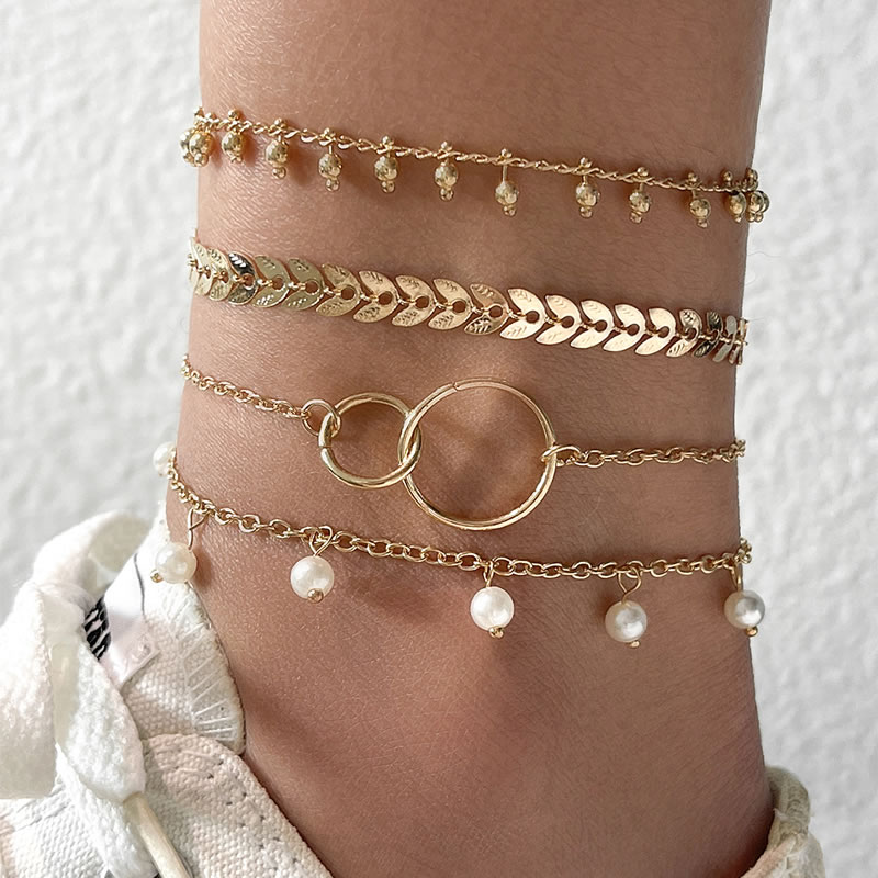 Fashion Gold Alloy Pearl Wheat Ear Geometric Ring Anklet Set