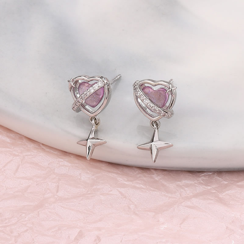 Fashion Love Moonstone Four Pointed Star Stud Earrings Brass And Diamond Heart Star Stud Earrings