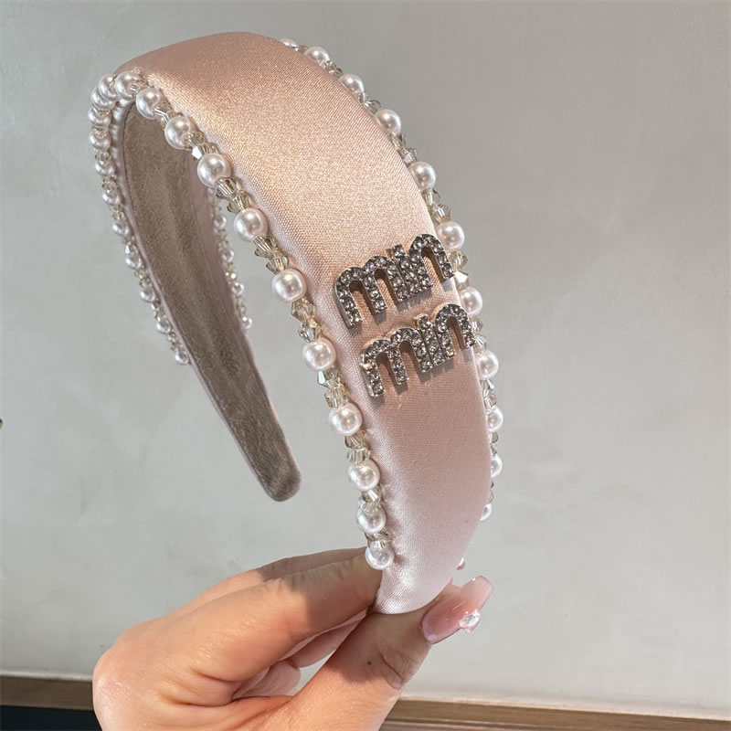Fashion Champagne Geometric Diamond-studded Letters And Pearl-encrusted Wide-brimmed Headband