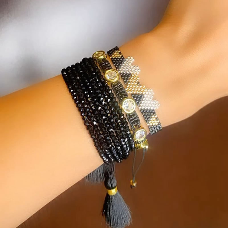 Fashion Black Beads Crystal Bead Woven Heart Bracelet Set
