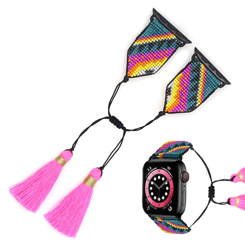 Fashion Pink Bead Woven Geometric Tassel Watch Strap