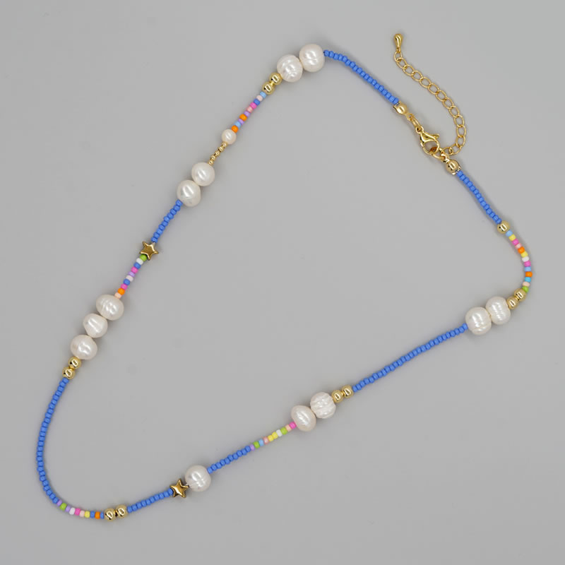 Fashion Blue Multicolored Rice Bead Beaded Pearl Necklace