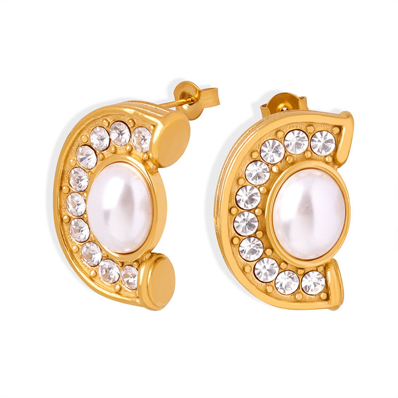Fashion Gold Titanium Steel Diamond And Pearl Scallop Stud Earrings