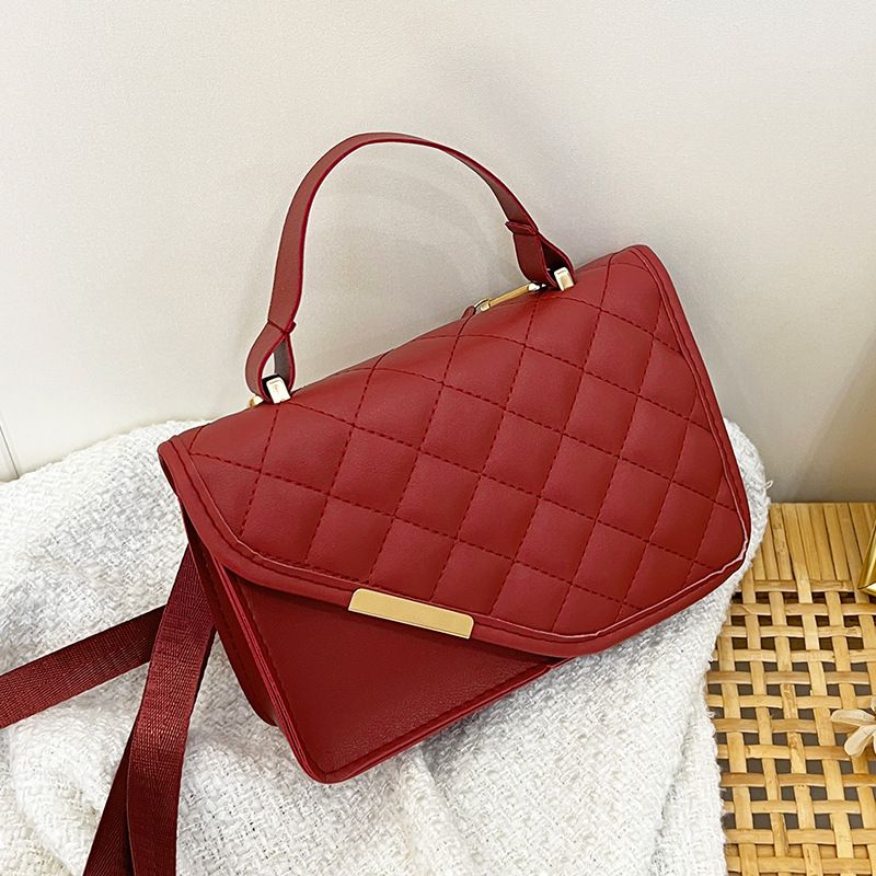 Fashion Red Pu Rhombus Flip Crossbody Bag