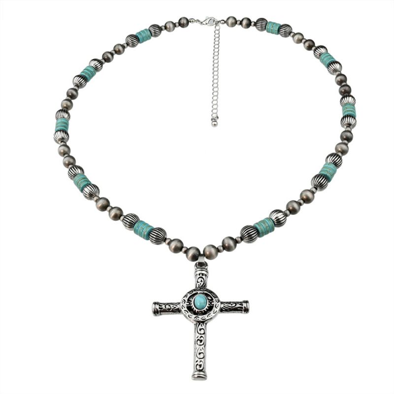 Fashion Silver Turquoise Beaded Cross Necklace