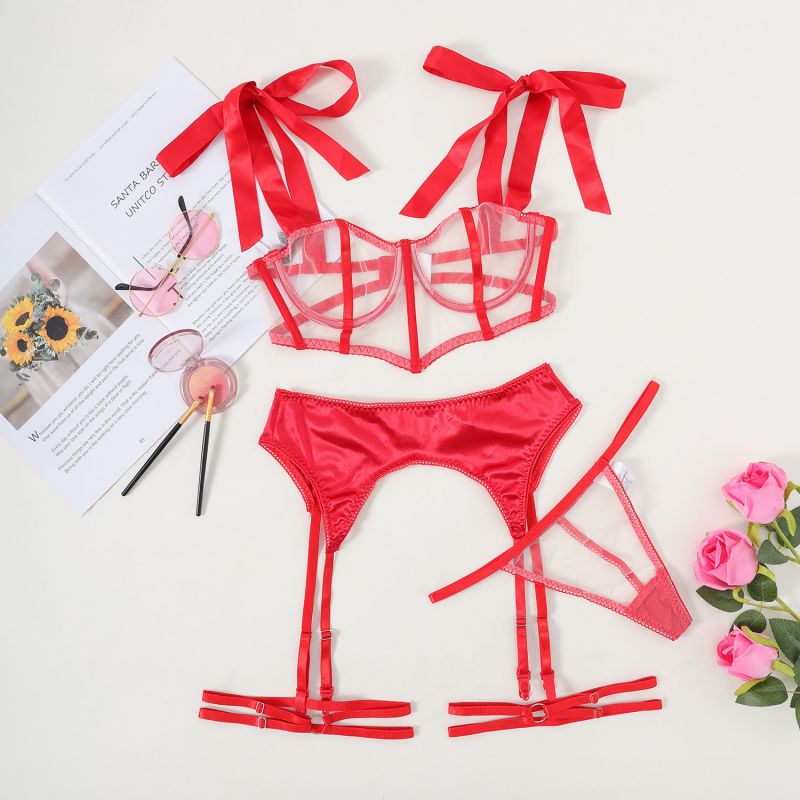 Fashion Red Mesh Stitching Bowknot Lace Up Three-piece Underwear Set