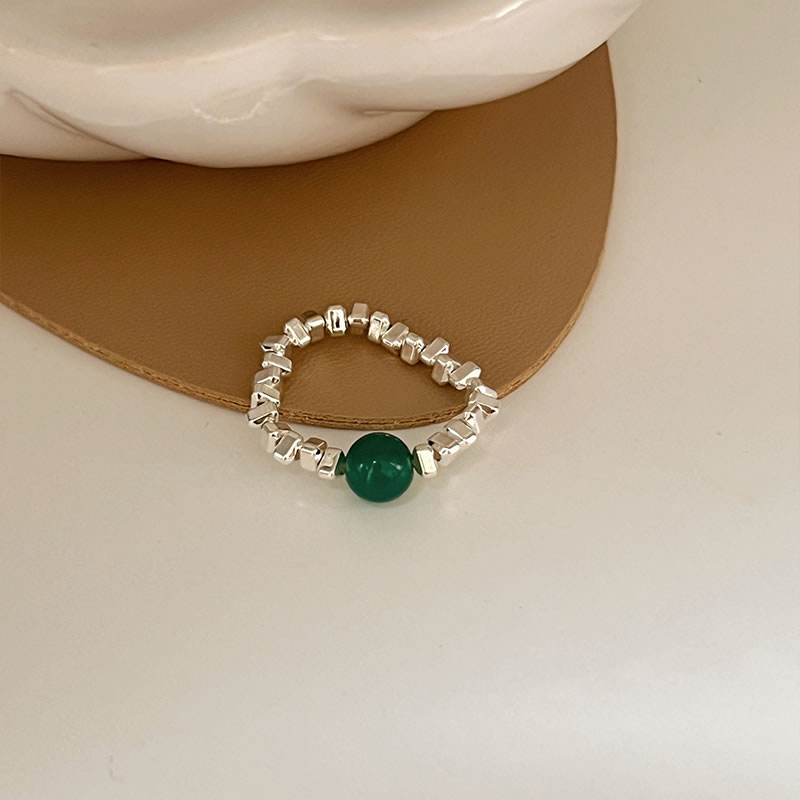 Fashion Green Smashed Silver Beaded Ring