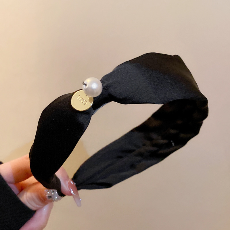 Fashion Headband - Black Fabric Pearl Round Headband With Wide Brim