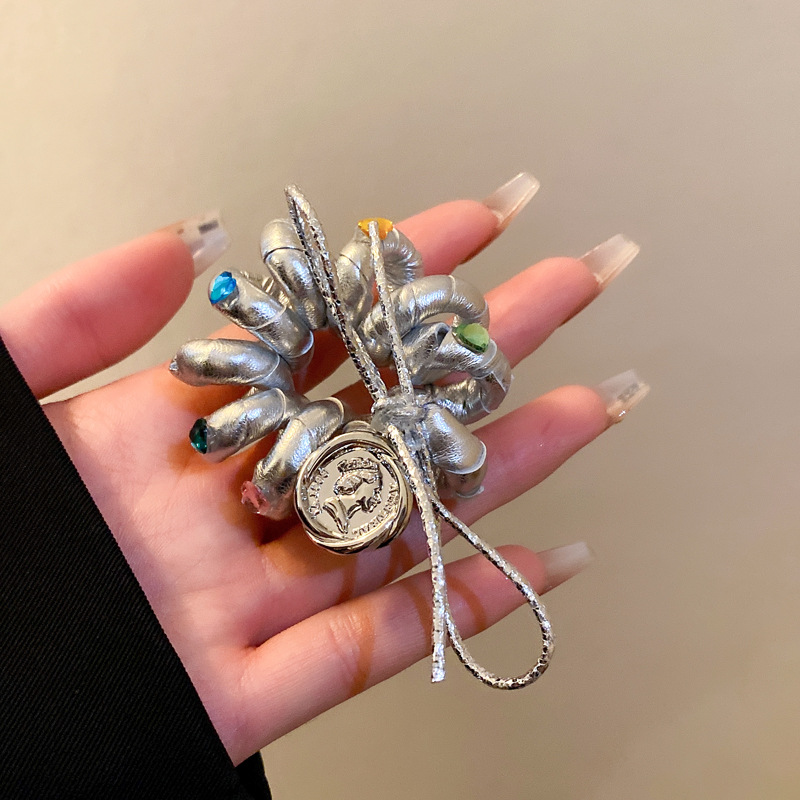 Fashion Hair Tie - Silver Leather Diamond Medallion Pleated Scrunchie