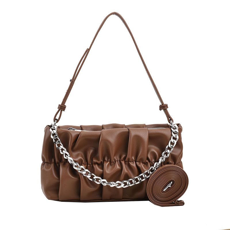 Fashion Coffee Color Pu Pleated Chain Crossbody Bag