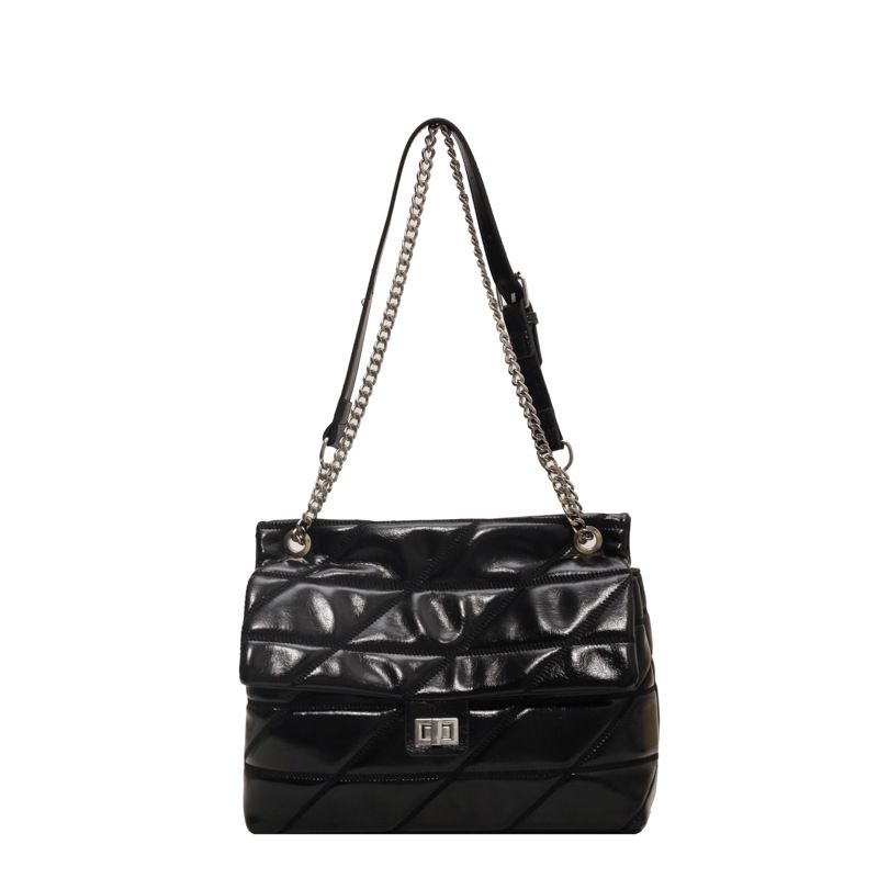 Fashion Black Pu Embroidered Thread Chain Large Capacity Lock Messenger Bag