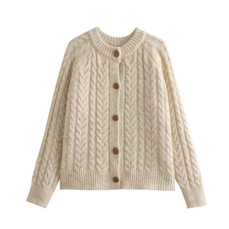 Fashion Beige Wool-knit Button-down Cardigan