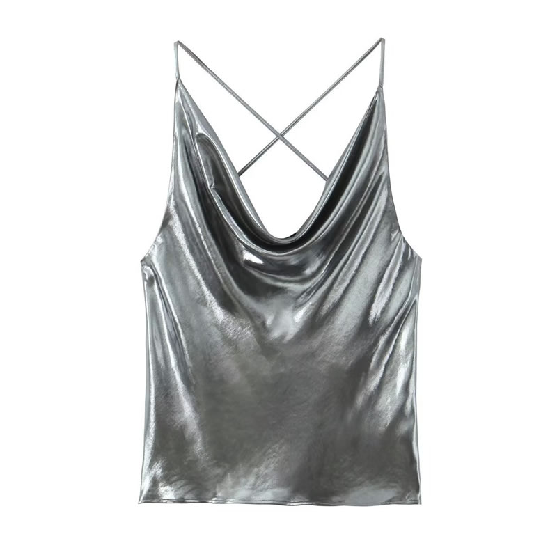 Fashion Silver Cross Back Drop Neck Camisole Top