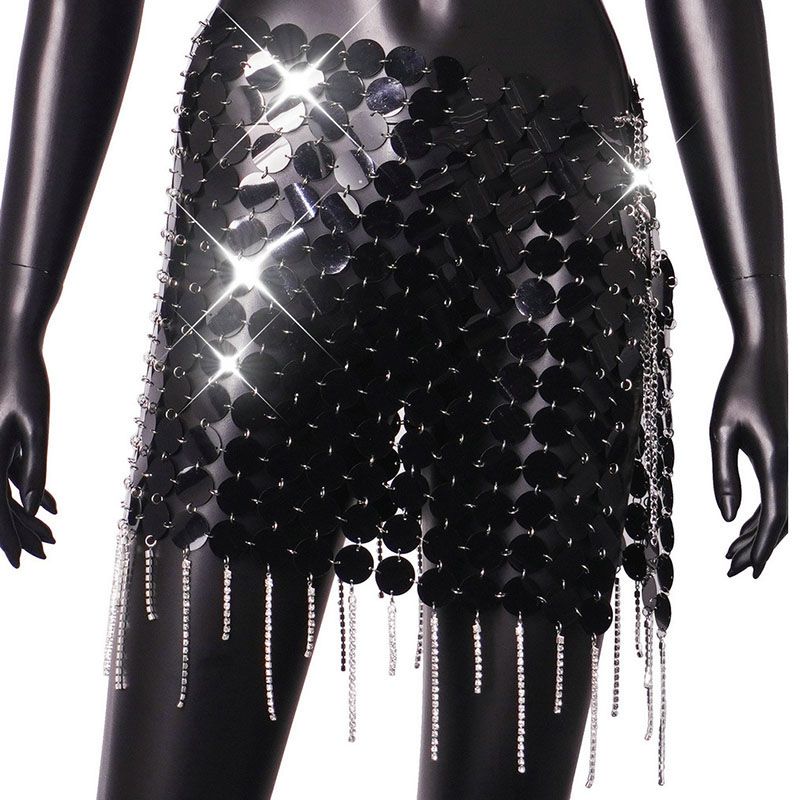 Fashion Black Skirt Pvc Round Sequin Fringed Skirt