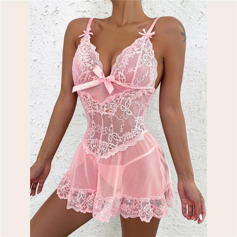 Fashion Pink Mesh Lace See-through Underwear Set