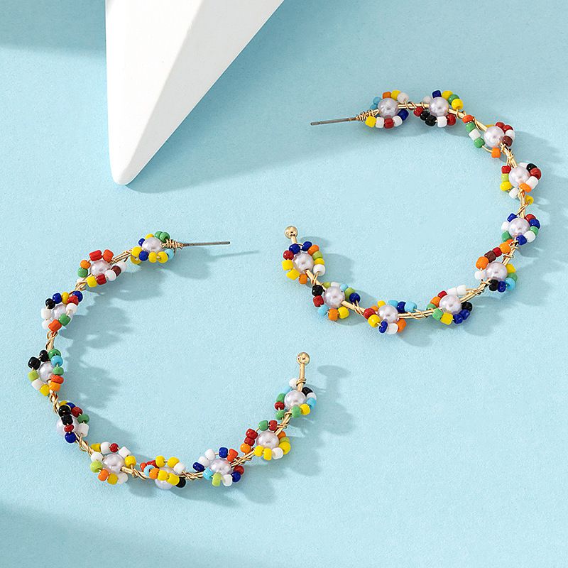 Fashion Color Colorful Rice Bead Woven Flower Earrings