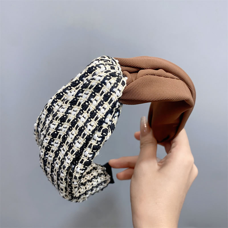 Fashion Caramel Fabric Check Color Block Knotted Wide-brimmed Headband