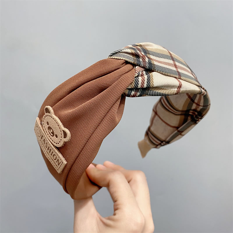 Fashion Caramel Fabric Plaid Color Matching Knotted Bear Wide-brimmed Headband